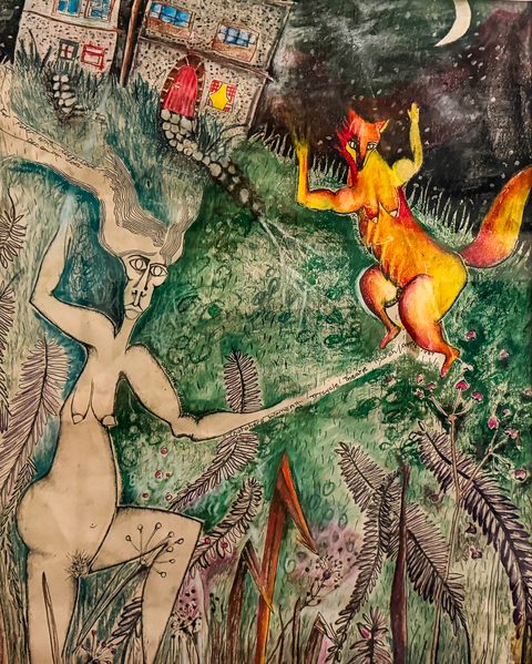 A drawing, in crayon, pencil and pen, by Kay Adshead titled Marge and the Dancing Fox. 