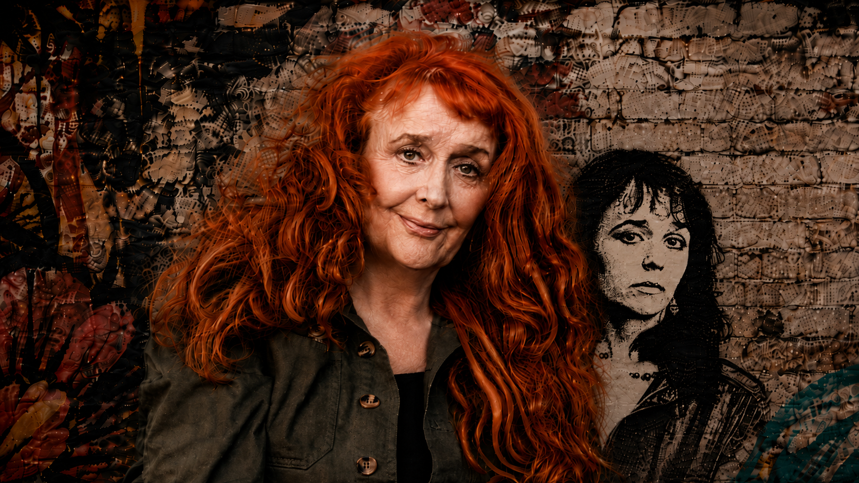 Kay Adshead seated before a painted brick wall bearing a mural portrait.